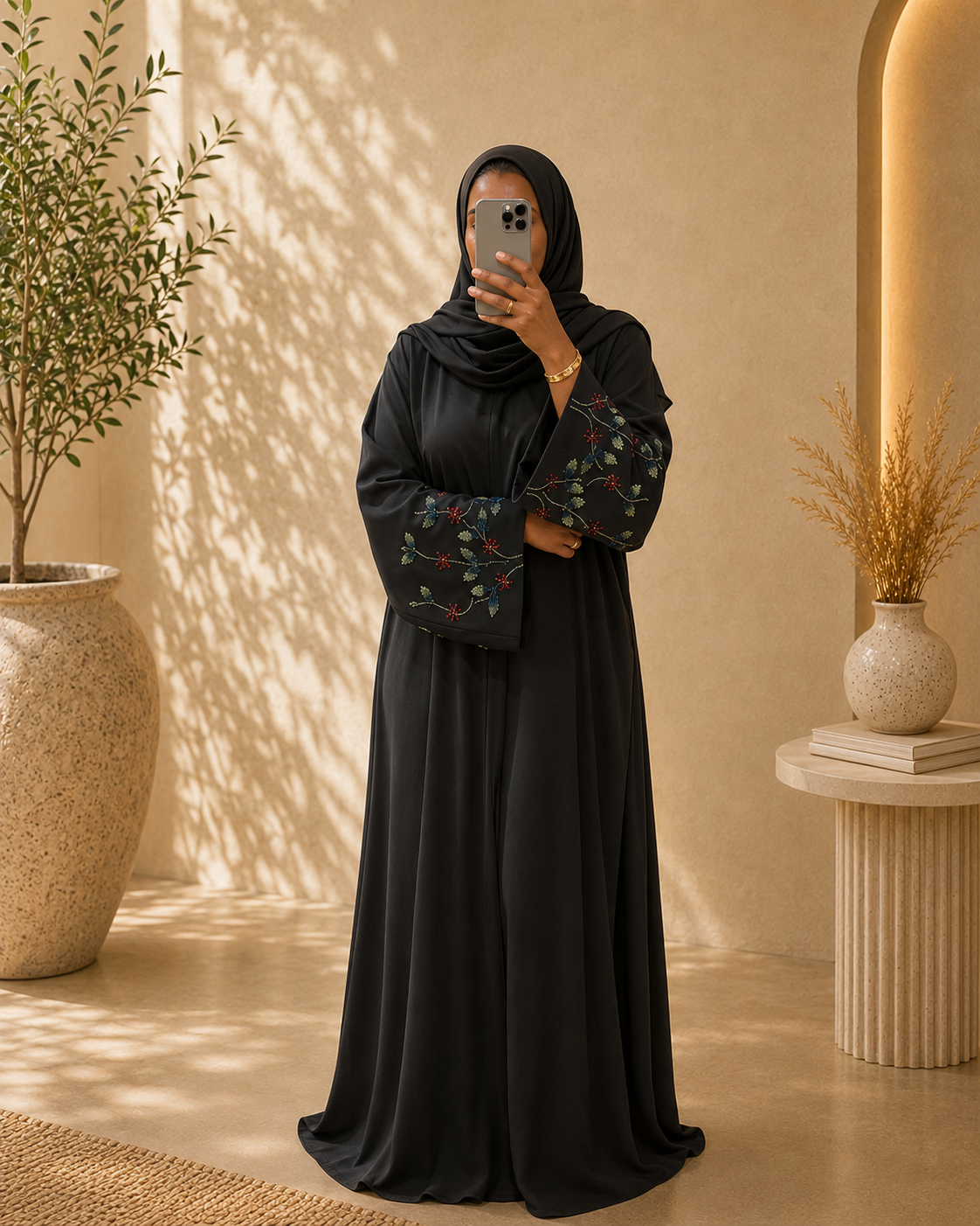 Abaya Zahra – Grey Red Embroidery