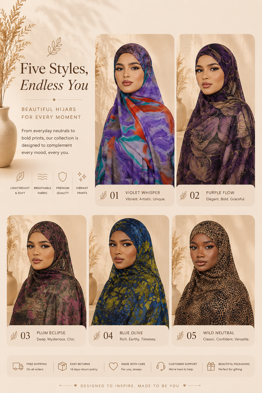 A collection of 5 hijabs