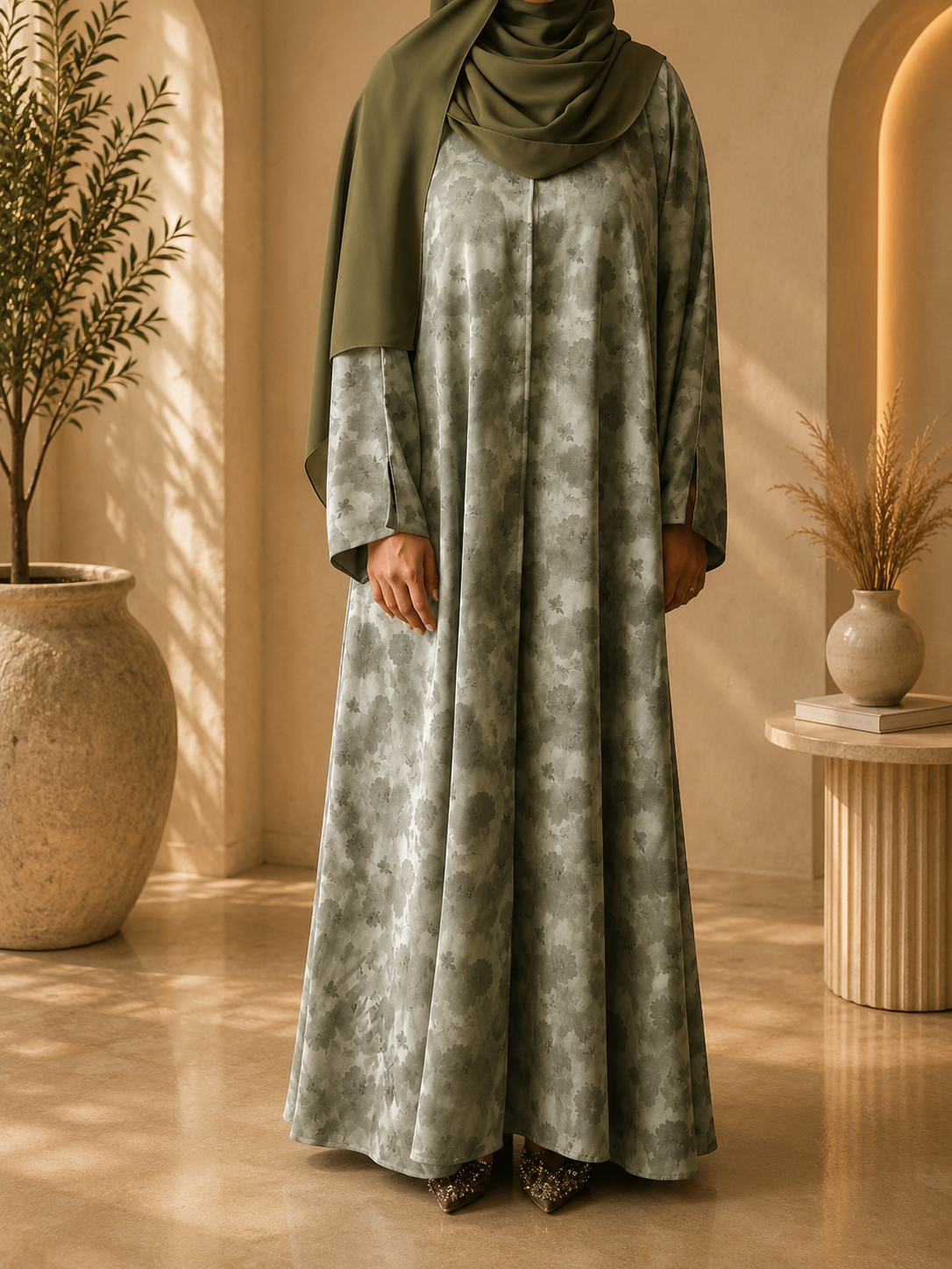 Satin Floral Printed Abaya - Muted Sage