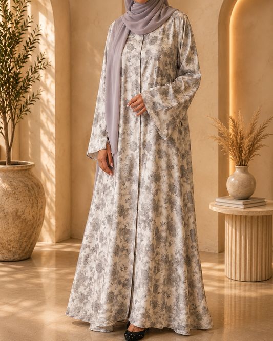 Satin Floral Printed Abaya - Subtle Grey