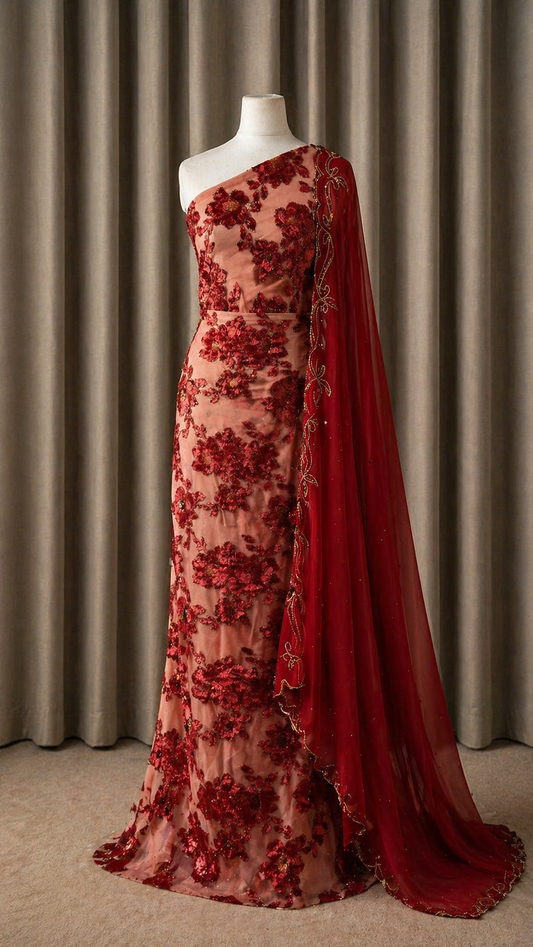 Intricate Floral Maqbal Collection |Pink & Red Dirac Set