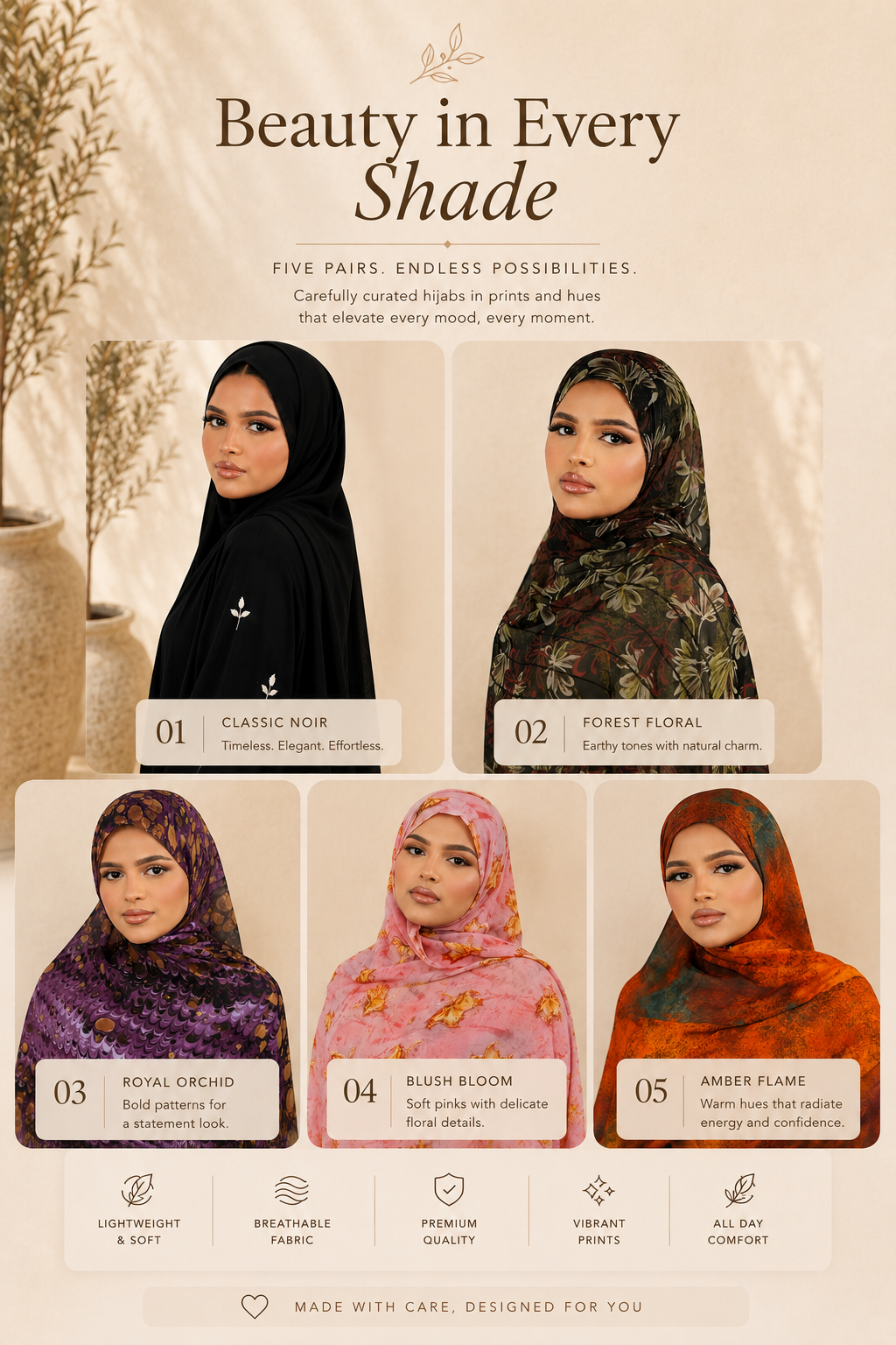 A collection of 5 hijabs