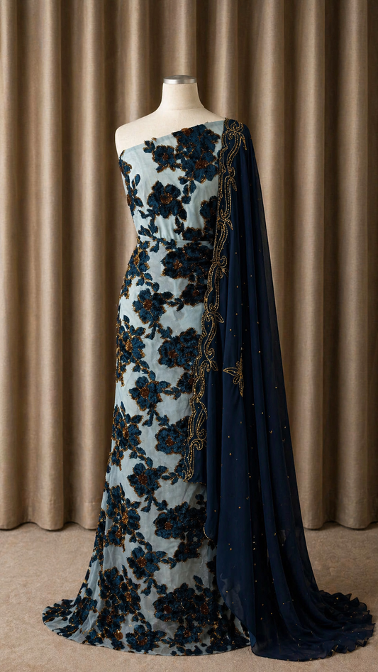 Luxury Floral Maqbal | Blue Dirac Set