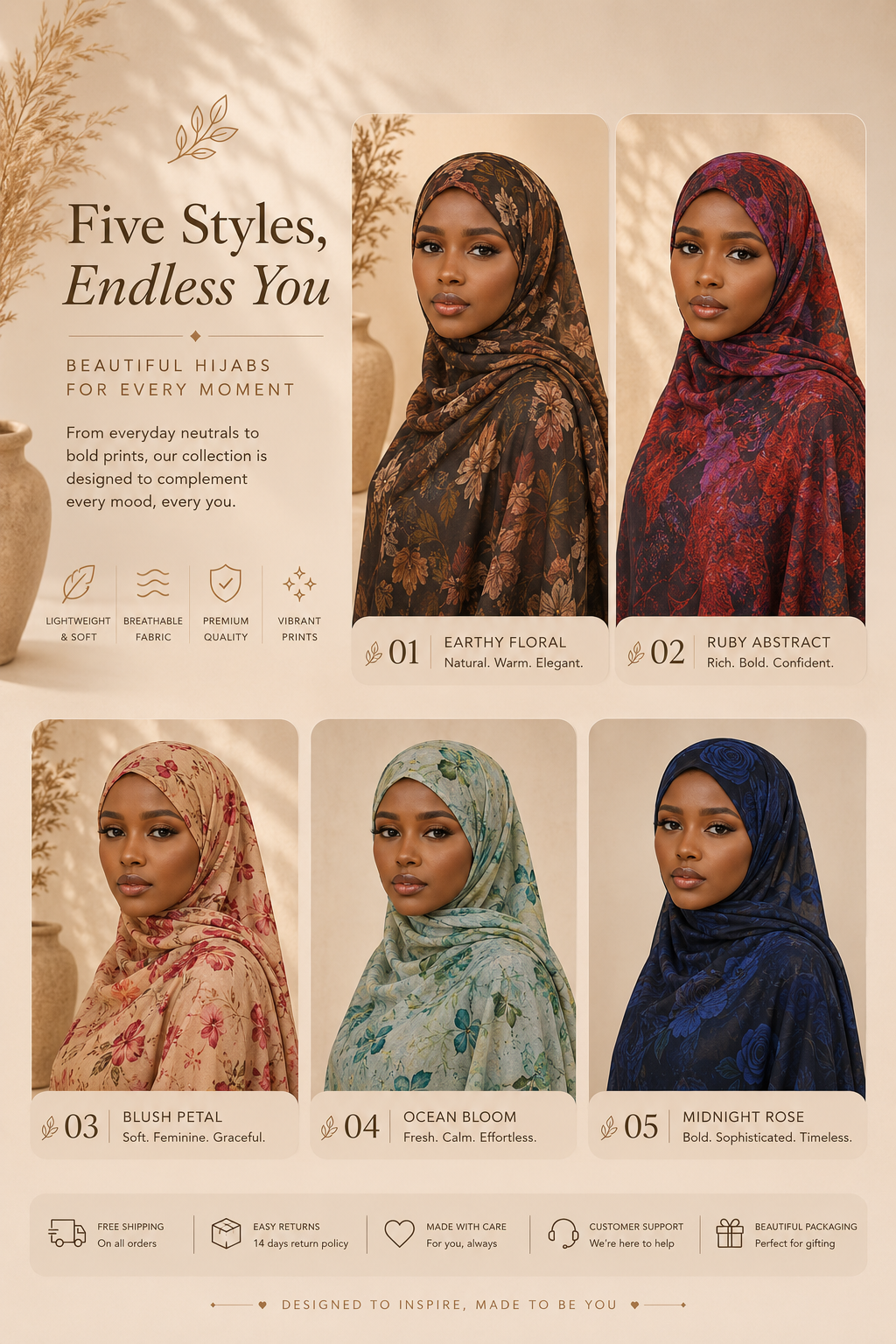 A collection of 5 hijabs