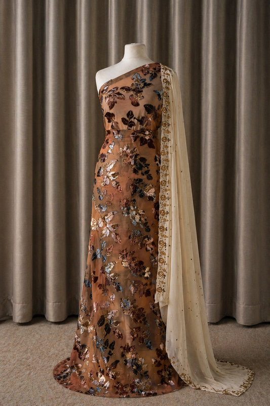 Leaf Maqbal Collection | Brown & Cream Dirac Set