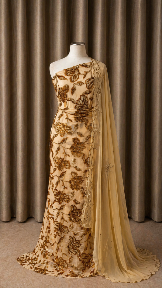Luxury Maqbal | Hibiscus Collection | Beige Gold Dirac Set