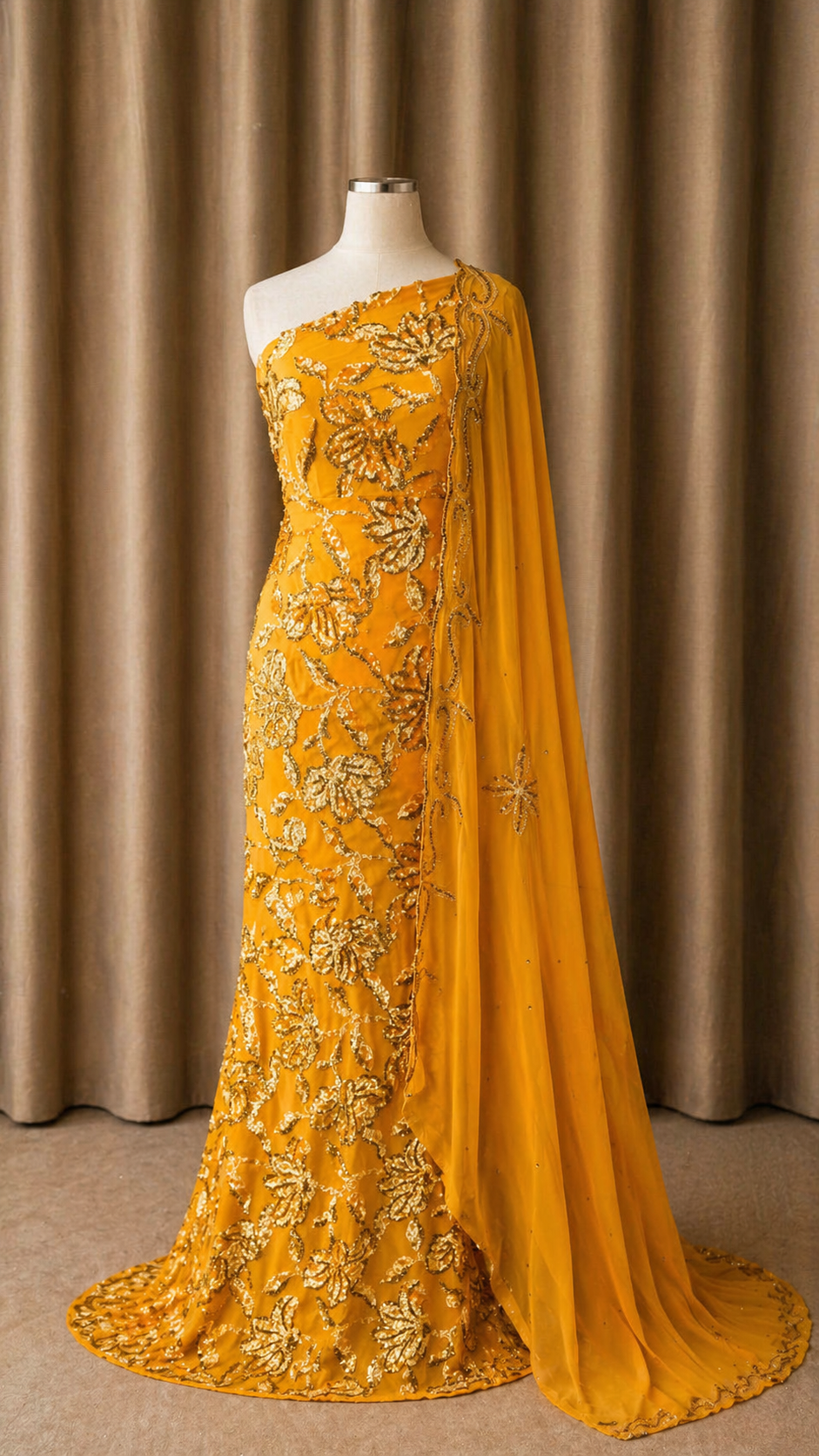 Luxury Maqbal | Hibiscus Collection | Golden Mustard Dirac Set