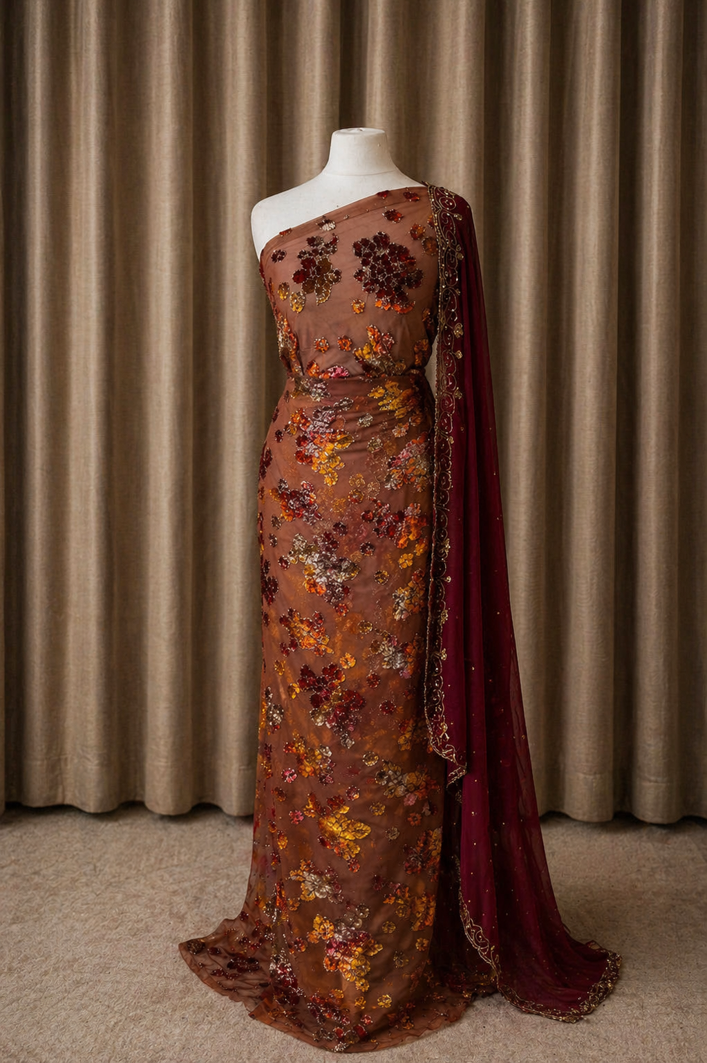 Floral Maqbal Collection | Wine & Brown Dirac Set