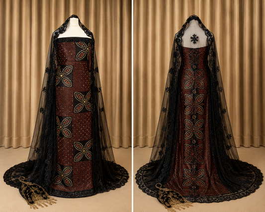 Stone Shaash Bridal Dirac Set | Off the Shoulder | Maroon & Black