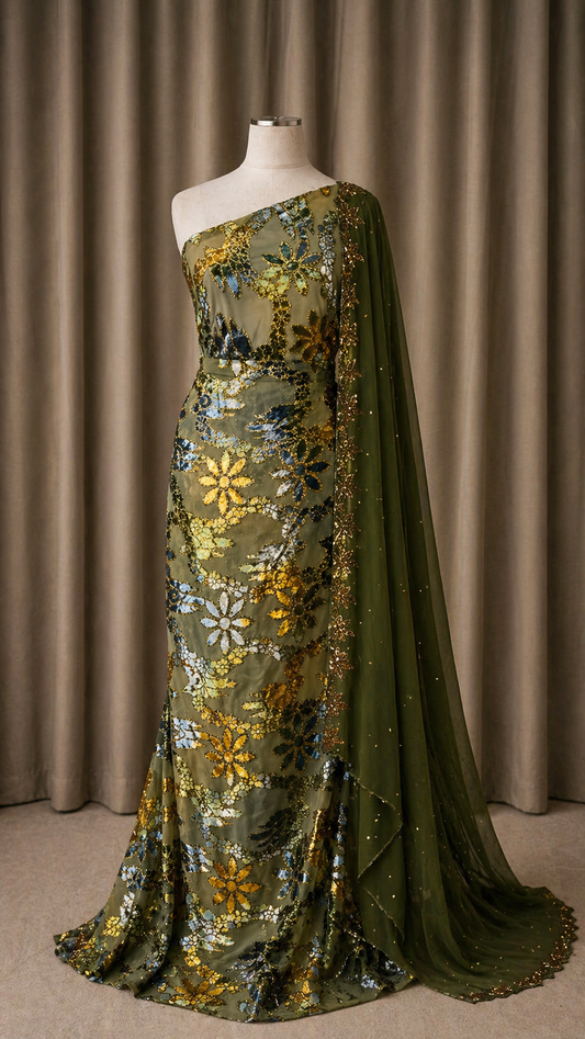Prestige Maqbal Collection | Olive Green & Multicoloured Dirac Set