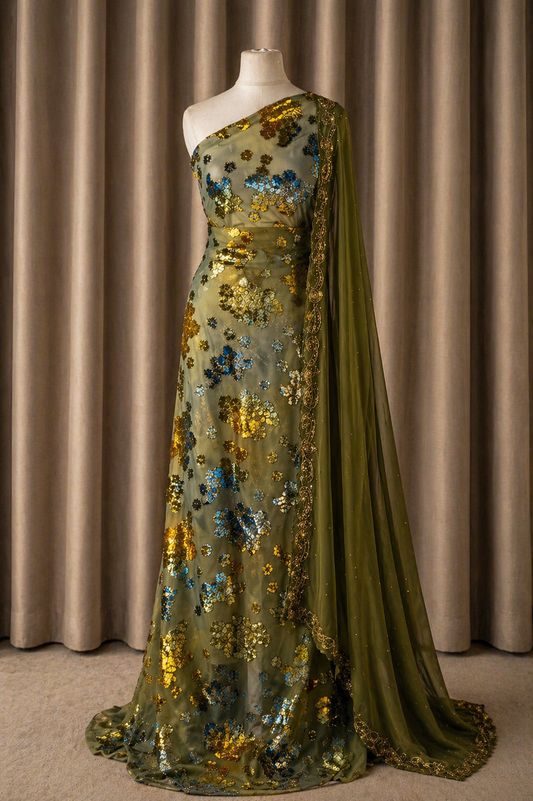 Floral Maqbal Collection | Olive Green Dirac Set
