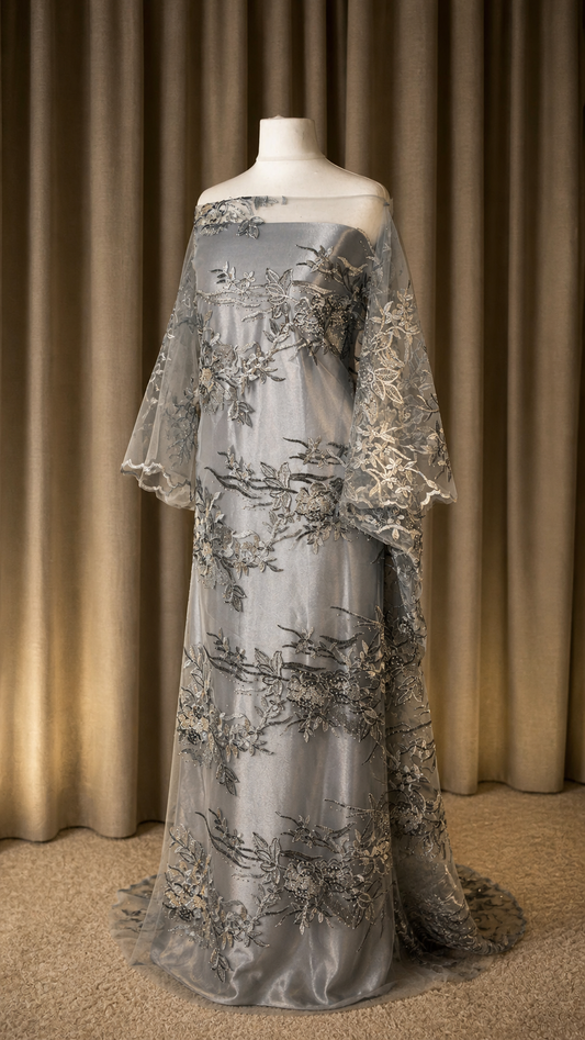 Floral Embroidered Lace Dirac Set | Silver