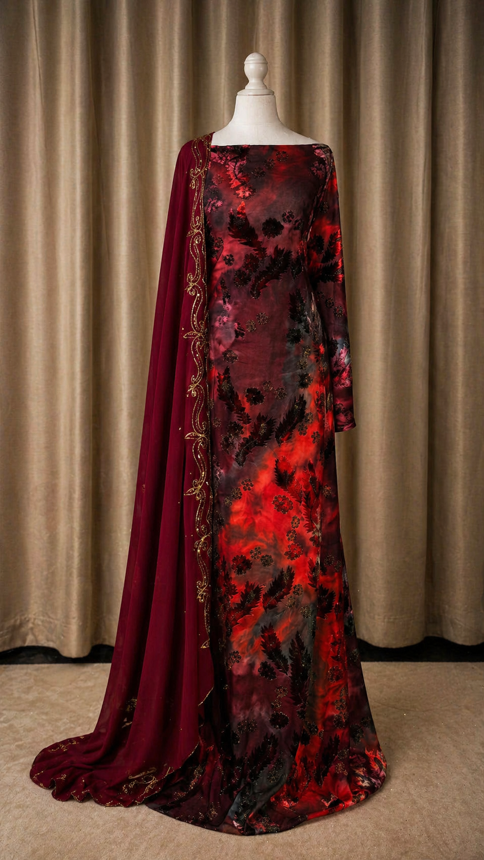 Floral Velvet Dirac Set - Maroon/Red/Teal