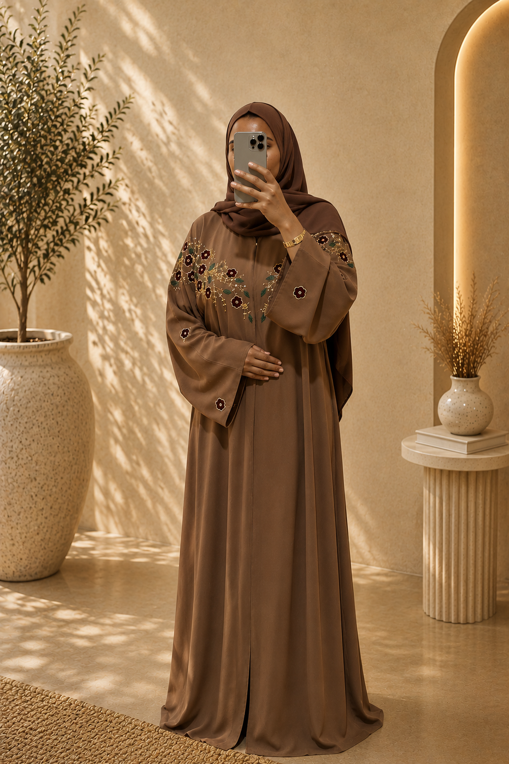 Abaya Mariam – Taupe Floral Embroidery